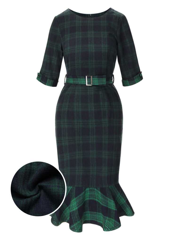 She slips into this 1930s Crew Neck Tartan Plaid Belted Mermaid Dress and suddenly it's a 1930s daydream