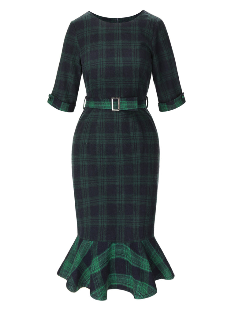 1930s Crew Neck Tartan Plaid Belted Mermaid Dress: where 1930s romance meets her modern spirit