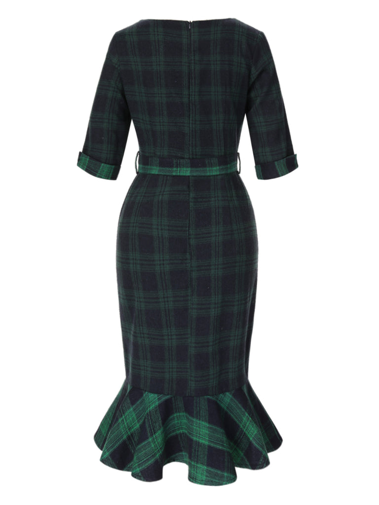 1930s Crew Neck Tartan Plaid Belted Mermaid Dress — the kind of 1930s dress that makes strangers smile