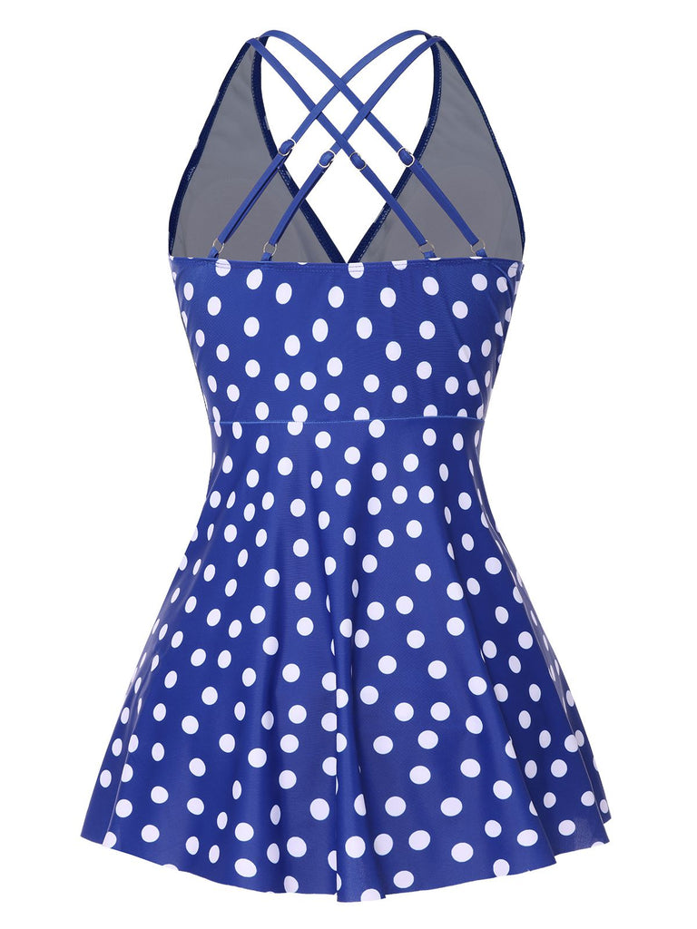 Retro Stage Cross Straps Polka Dots Two Piece Swimdress