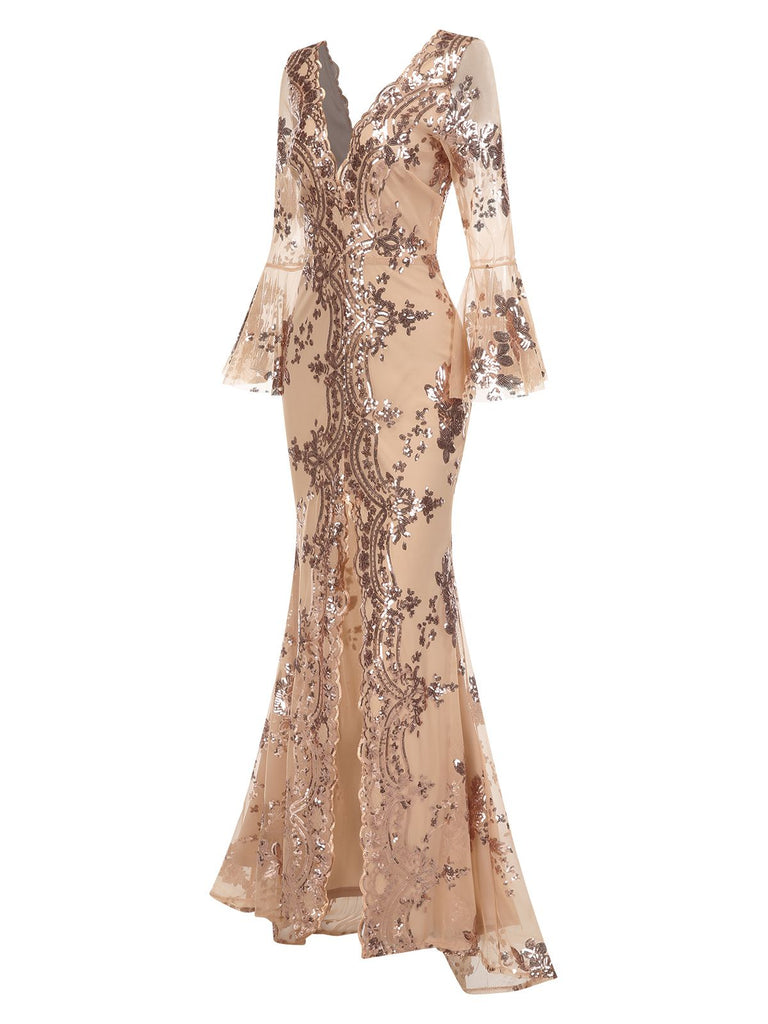 Gold V Neck Long Sleeve Sequin Long Prom Mermaid Dress with Slit, Black Gold V Neck Long Sleeve Sequin Long Prom Mermaid Dress with Slit, Black
