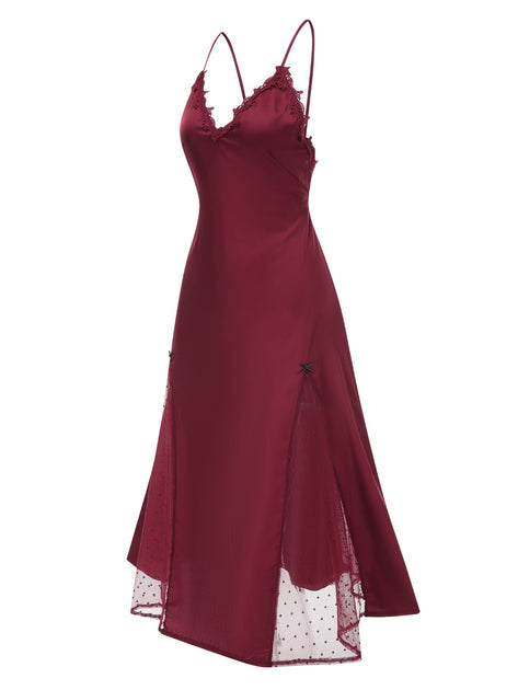 1930s Dots Sheer Satin Patchwork Straps Nightgown | Retro Stage
