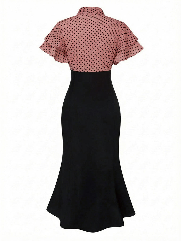 Black 1930s Dots Tie Neck Mermaid Dress | Retro Stage Black 1930s Dots Tie Neck Mermaid Dress | Retro Stage