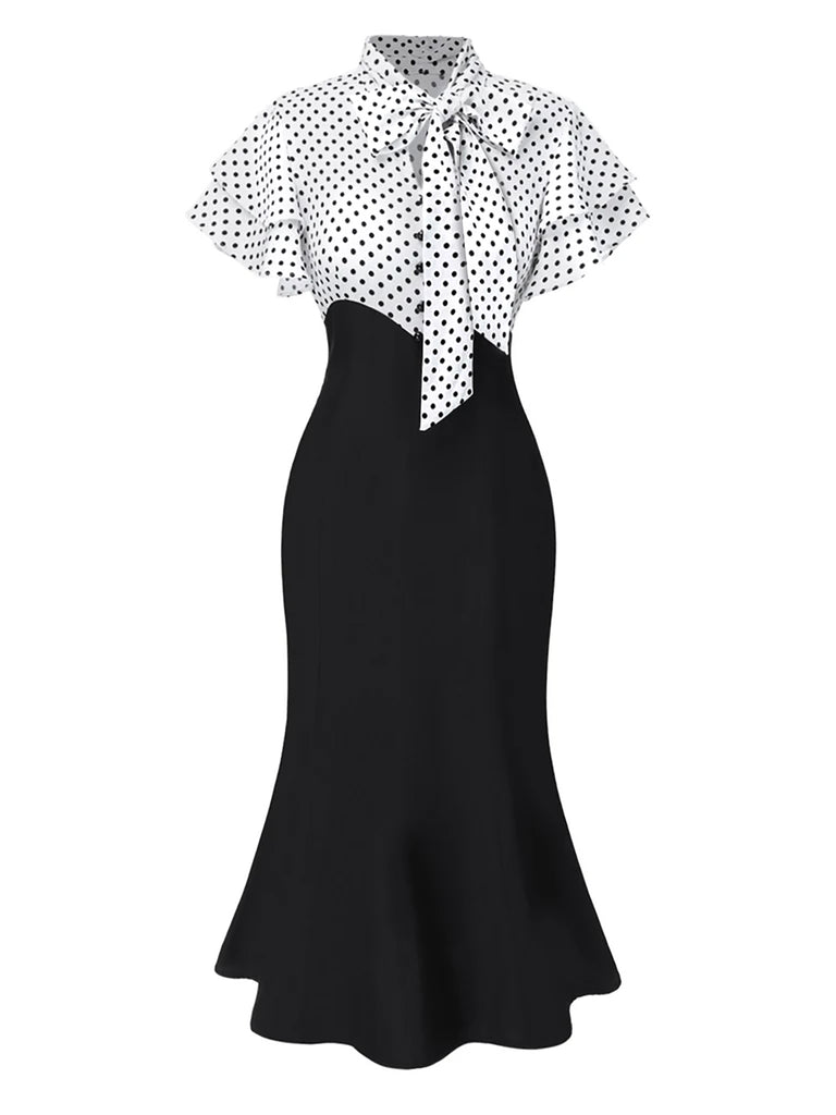 Retro Stage Black Dots Tie Neck Vintage Mermaid Dress Retro Stage Black Dots Tie Neck Vintage Mermaid Dress