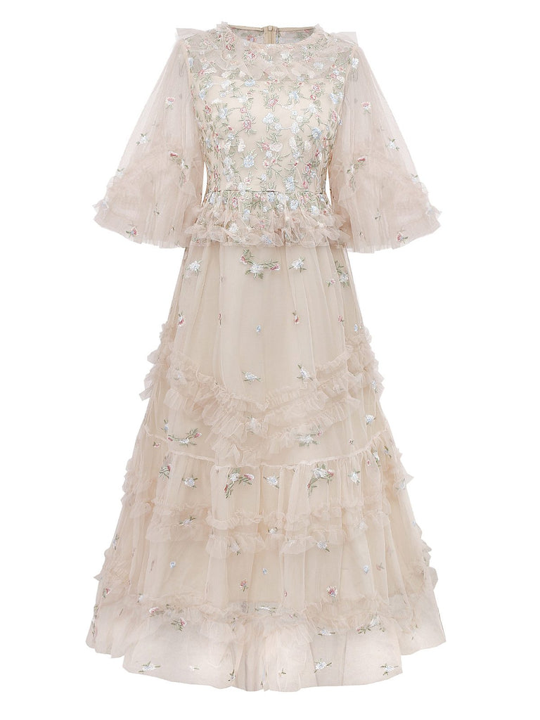 Beige 1930s Floral Embroidery Illusion Mesh Ruffled Dress - vintage dress, retro fashion