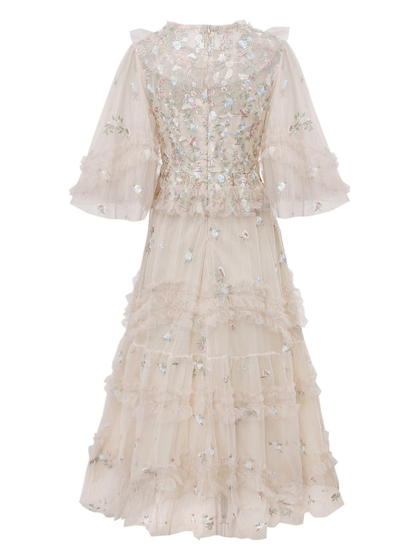 organsa mesh ruffled dress A-Line Floral Embroidered Tulle Formal Dress