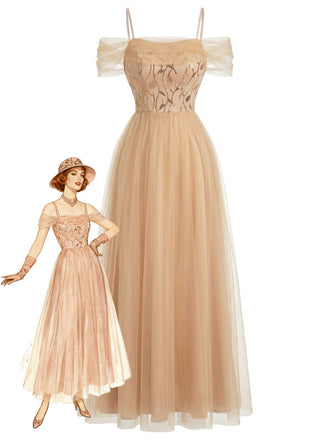 Beige 1930s Sequin Mesh Patchwork Cold-Shoulder Dress - vintage dress, retro fashion