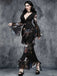Black 1930s Floral Bell Sleeve Deep V-Neck Fishtail Dress - vintage dress, retro fashion, classic black