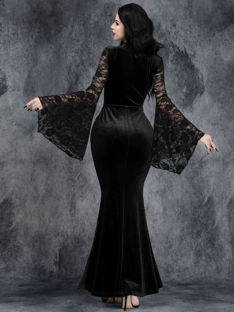 Black 1930s Halloween Lace Bell-Sleeve Bodycon Maxi Dress - vintage dress, retro fashion, classic black