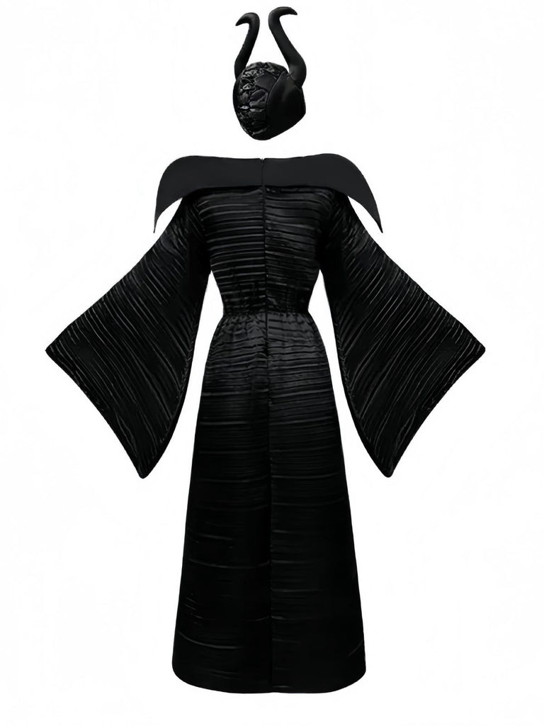 Black 1930s Halloween Maleficent Batwing Sleeve Dress Set - vintage dress, retro fashion, classic black