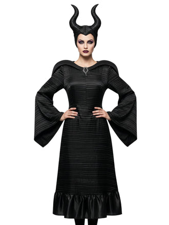 Black 1930s Halloween Maleficent Batwing Sleeve Dress Set - vintage dress, retro fashion, classic black