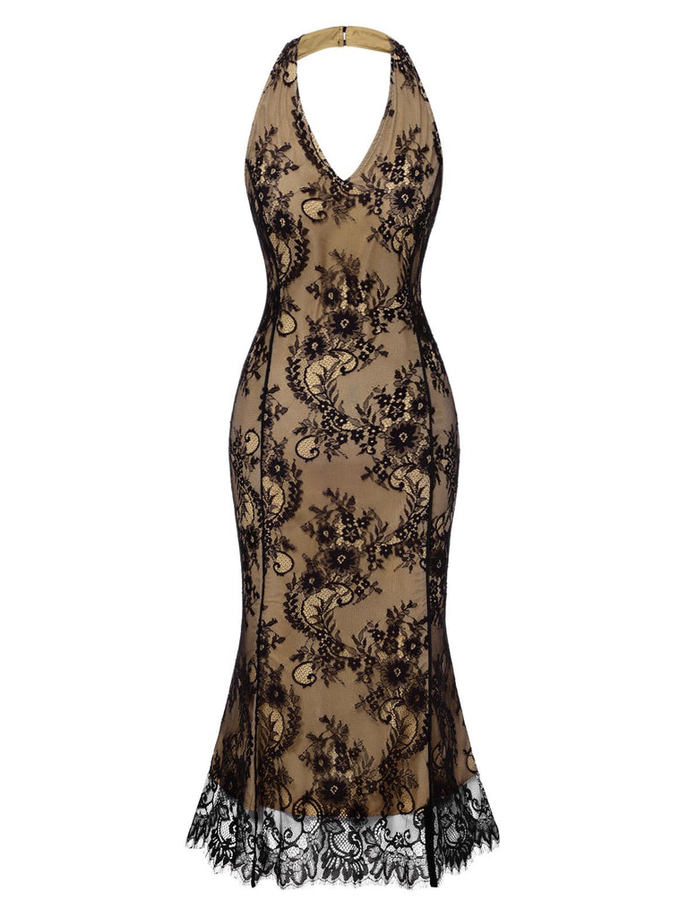 Black 1930s Lace Embroidered Halter Backless Fishtail Dress - vintage dress, retro fashion, classic black