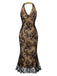 Black 1930s Lace Embroidered Halter Backless Fishtail Dress - vintage dress, retro fashion, classic black