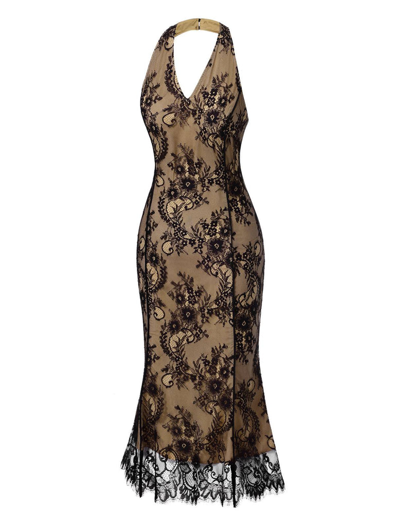 Black 1930s Lace Embroidered Halter Backless Fishtail Dress - vintage dress, retro fashion, classic black