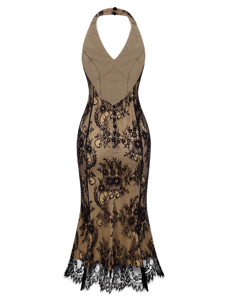 Black 1930s Lace Embroidered Halter Backless Fishtail Dress - vintage dress, retro fashion, classic black