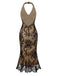 Black 1930s Lace Embroidered Halter Backless Fishtail Dress - vintage dress, retro fashion, classic black