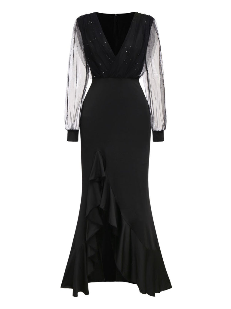 Black 1930s Solid V-Neck Sequined Irregular Hem Dress - vintage dress, retro fashion, classic black