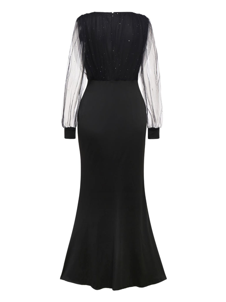 Black 1930s Solid V-Neck Sequined Irregular Hem Dress - vintage dress, retro fashion, classic black