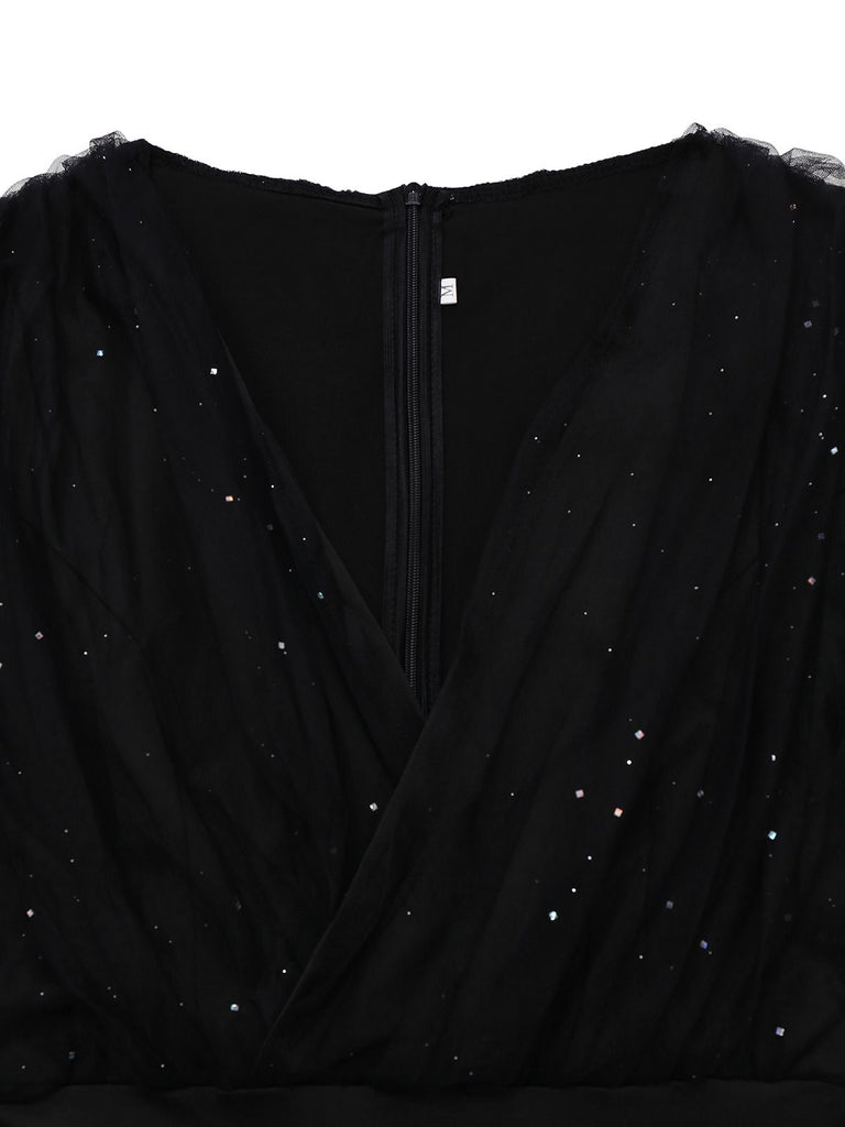 Black 1930s Solid V-Neck Sequined Irregular Hem Dress - vintage dress, retro fashion, classic black