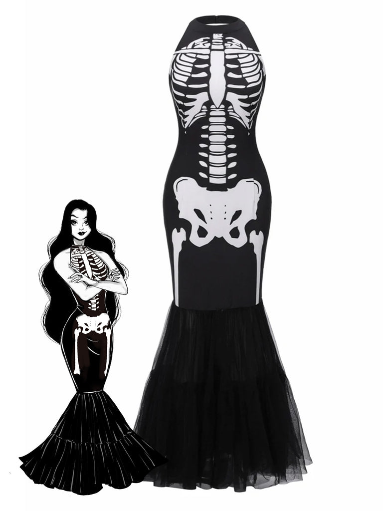 blue dress for baby girl Halloween Skeleton Black & White Sleeveless Mermaid Fishtail Dress