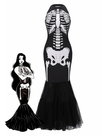Black & White 1930s Halter Skull Mesh Fishtail Dress - vintage dress, retro fashion, classic black