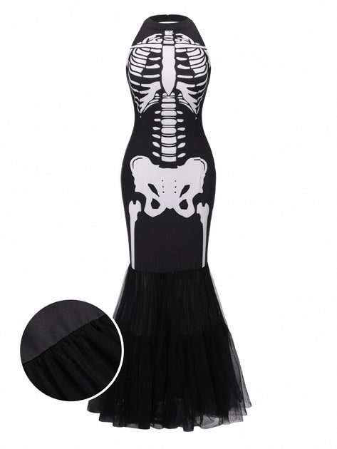 Halloween Skeleton Black & White Sleeveless Mermaid Fishtail Dress