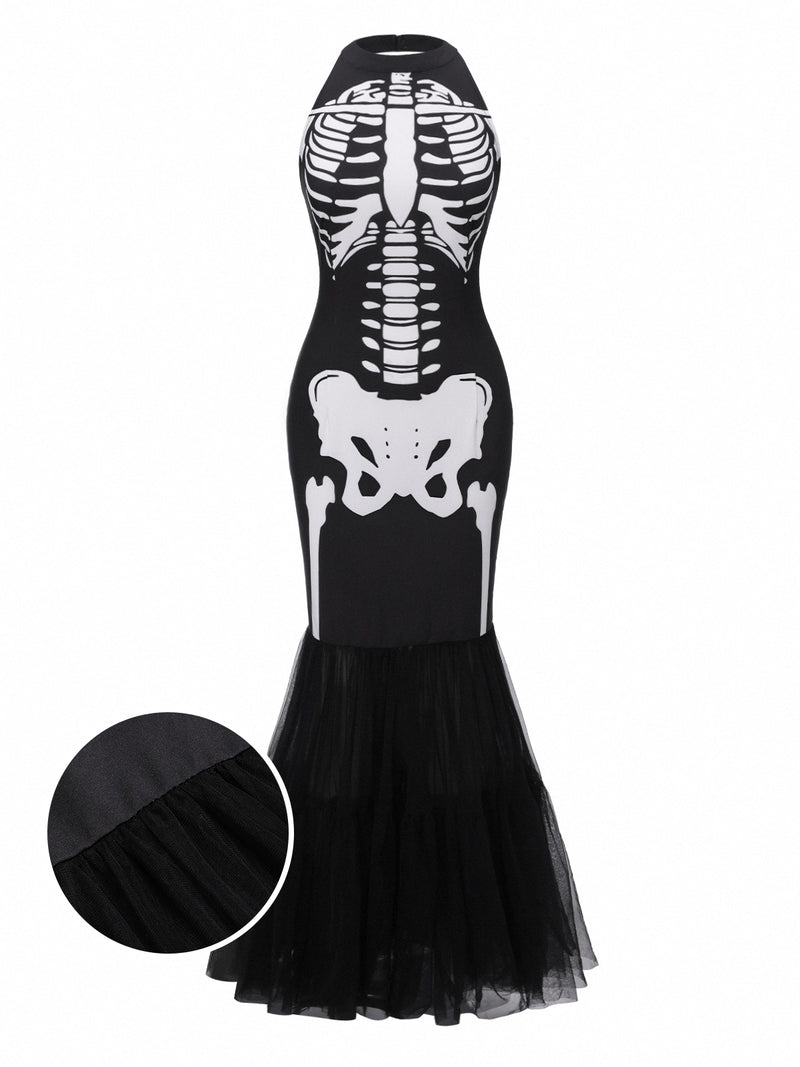 Black & White 1930s Halter Skull Mesh Fishtail Dress | Retro Stage