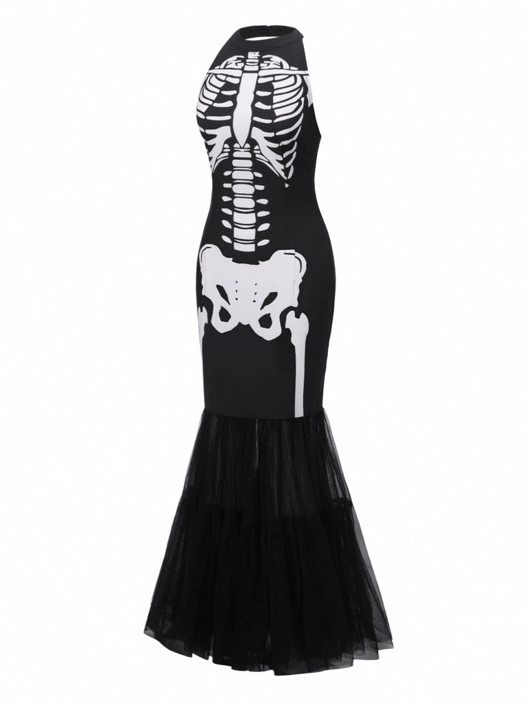 Black & White 1930s Halter Skull Mesh Fishtail Dress - vintage dress, retro fashion, classic black