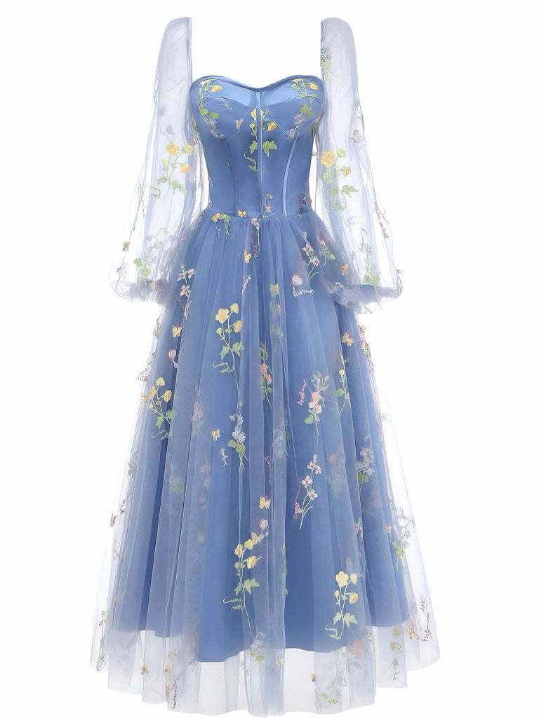 Blue 1930s Floral Embroidered Mesh Long Sleeve Dress | Retro Stage Blue 1930s Floral Embroidered Mesh Long Sleeve Dress | Retro Stage