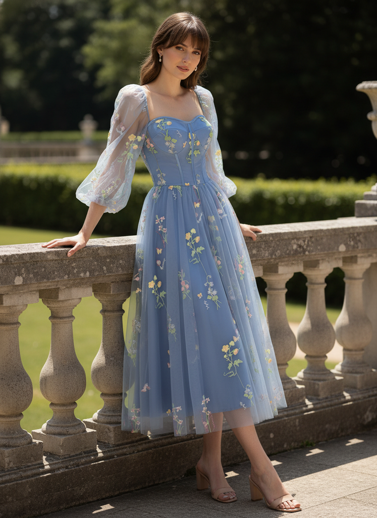 Blue 1930s Floral Embroidered Mesh Long Sleeve Dress - vintage dress, retro fashion, elegant red