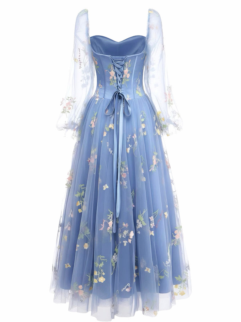 A-Line Dusty Blue Floral Embroidered Tulle Cocktail Dress | Sweetheart Neck Puff Sleeve Midi A-Line Dusty Blue Floral Embroidered Tulle Cocktail Dress | Sweetheart Neck Puff Sleeve Midi