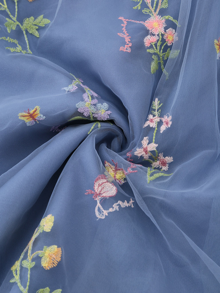 Blue 1930s Floral Embroidered Mesh Long Sleeve Dress - vintage dress, retro fashion, elegant red