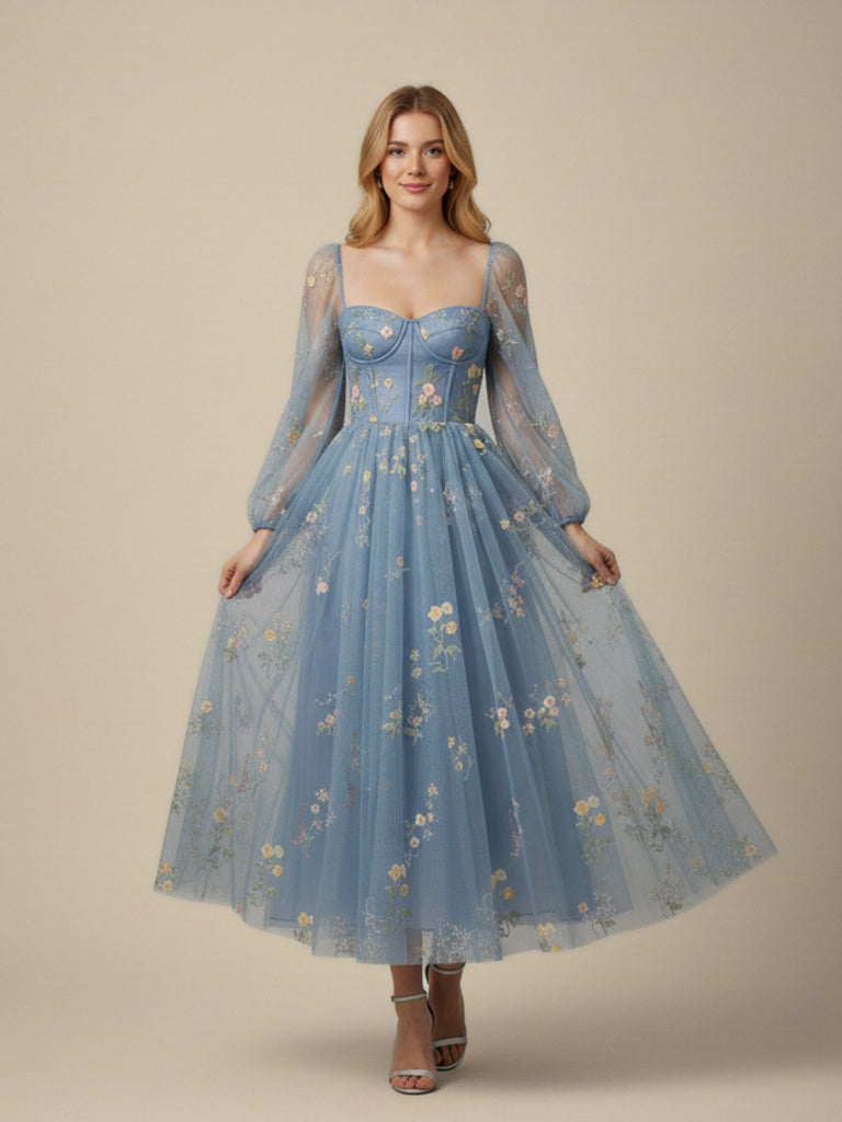 Blue 1930s Floral Embroidered Mesh Long Sleeve Dress - vintage dress, retro fashion, elegant red