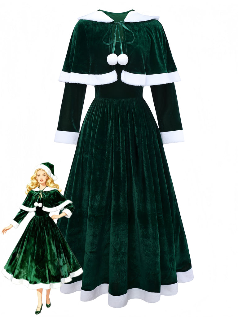 Mrs. Claus Green Velvet Dress | Women's Long Sleeve Christmas Party Gown with Faux Fur Trim & Cape Mrs. Claus Green Velvet Dress | Women's Long Sleeve Christmas Party Gown with Faux Fur Trim & Cape