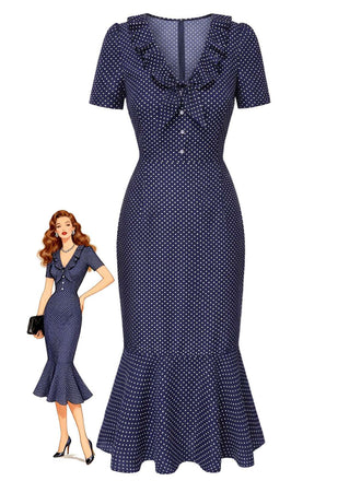 Dark Blue 1930s Polka Dot Ruffled Collar Fishtail Dress - vintage dress, retro fashion