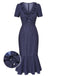 Dark Blue 1930s Polka Dot Ruffled Collar Fishtail Dress - vintage dress, retro fashion
