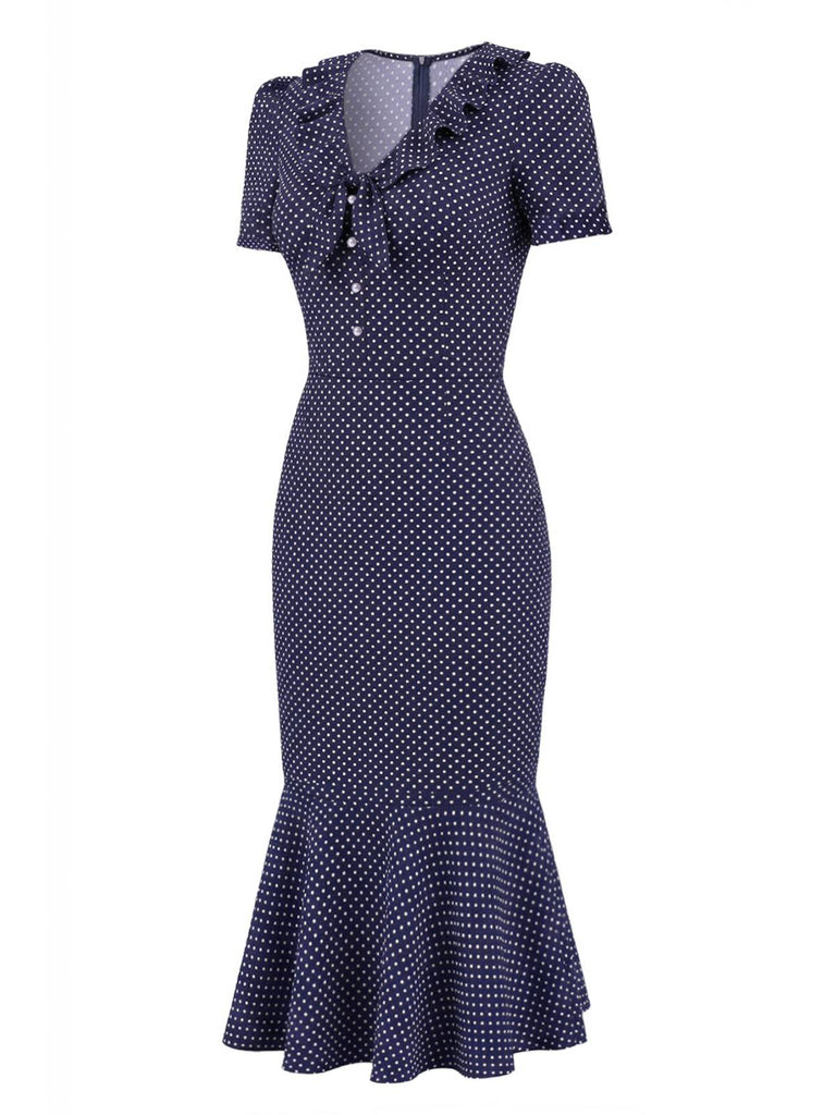Dark Blue 1930s Polka Dot Ruffled Collar Fishtail Dress | Retro Stage Dark Blue 1930s Polka Dot Ruffled Collar Fishtail Dress | Retro Stage