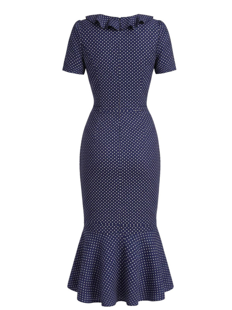 Dark Blue 1930s Polka Dot Ruffled Collar Fishtail Dress - vintage dress, retro fashion