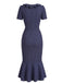 Dark Blue 1930s Polka Dot Ruffled Collar Fishtail Dress - vintage dress, retro fashion