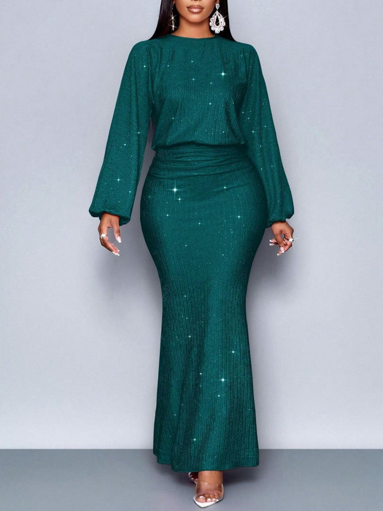 1930s Glitter Ruched Lantern Sleeve Knit Fishtail Dress - vintage dress, retro fashion