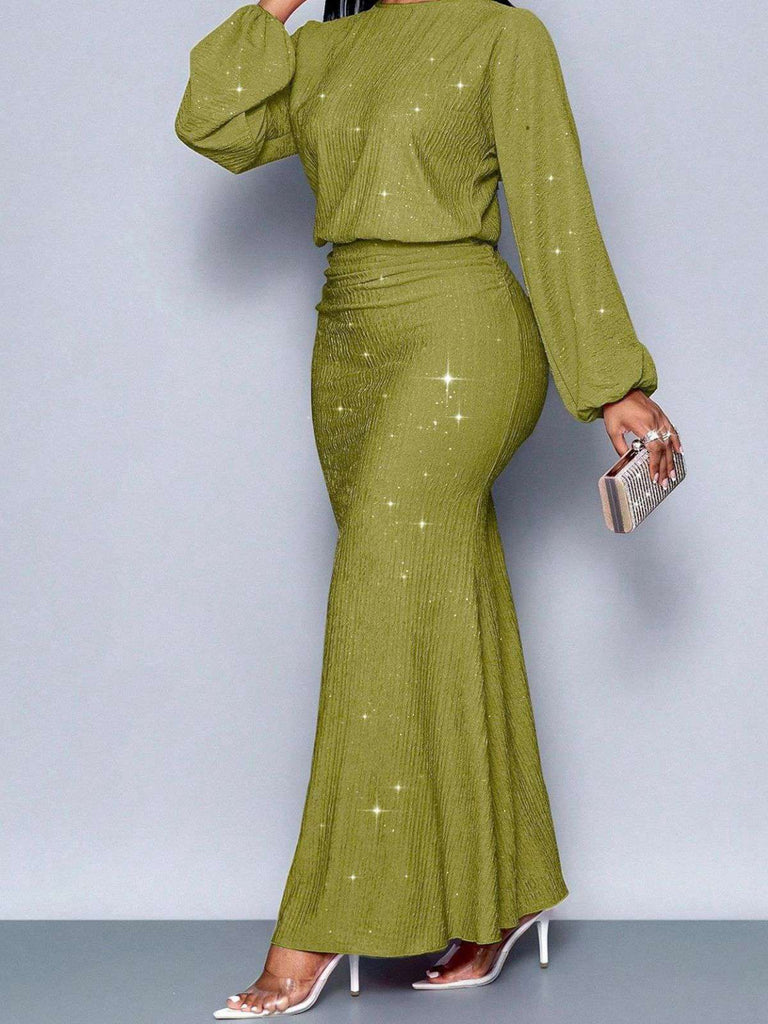 1930s Glitter Ruched Lantern Sleeve Knit Fishtail Dress 1930s Glitter Ruched Lantern Sleeve Knit Fishtail Dress
