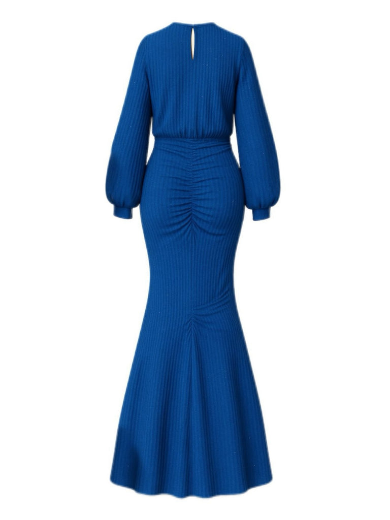 1930s Glitter Ruched Lantern Sleeve Knit Fishtail Dress 1930s Glitter Ruched Lantern Sleeve Knit Fishtail Dress