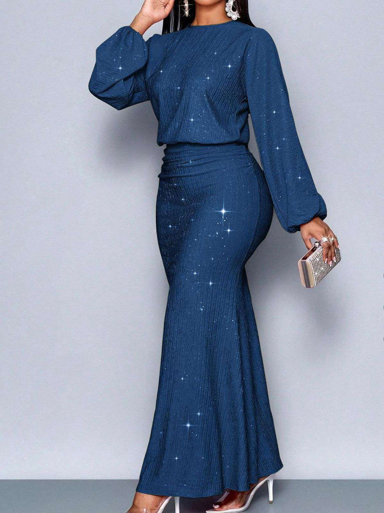 1930s Glitter Ruched Lantern Sleeve Knit Fishtail Dress - vintage dress, retro fashion