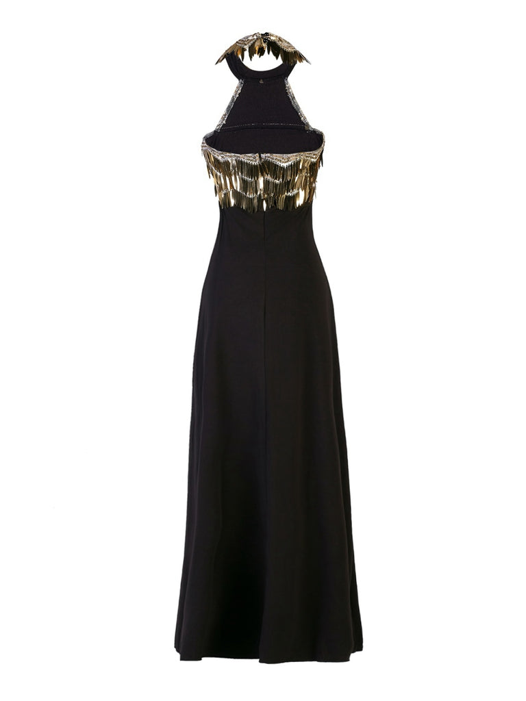 Gold 1930s Sequined Patchwork Halter Backless Evening Dress Gold 1930s Sequined Patchwork Halter Backless Evening Dress