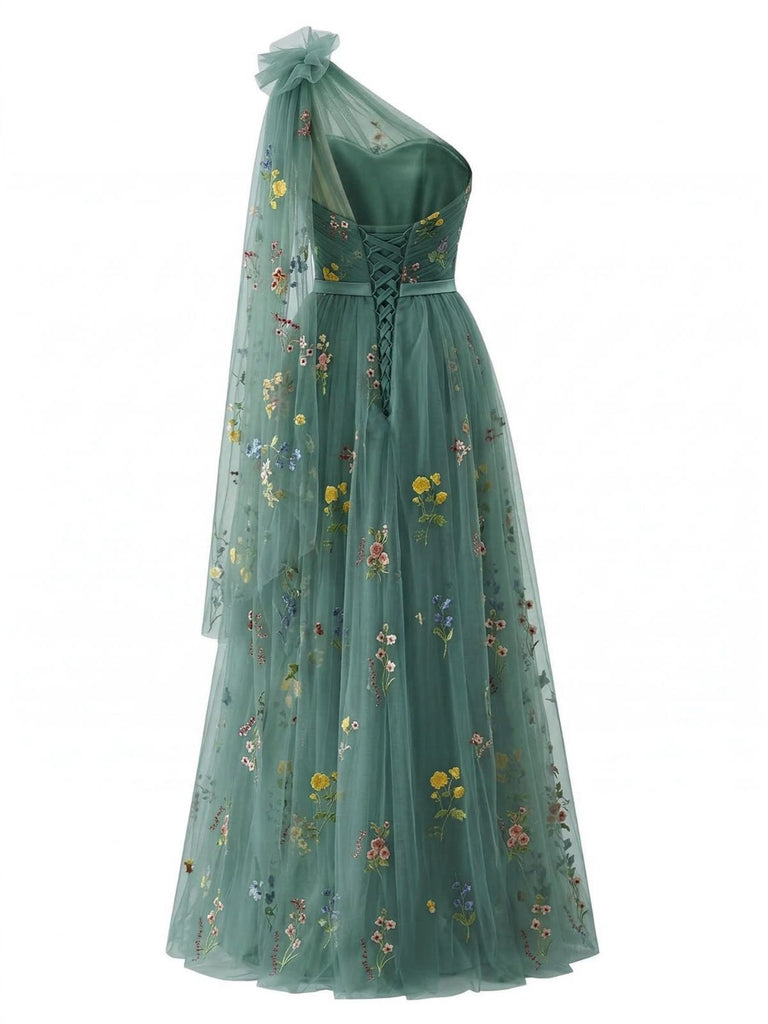 Green 1930s One-Shoulder Floral Embroidered Tulle Maxi Dress - vintage dress, retro fashion, elegant red