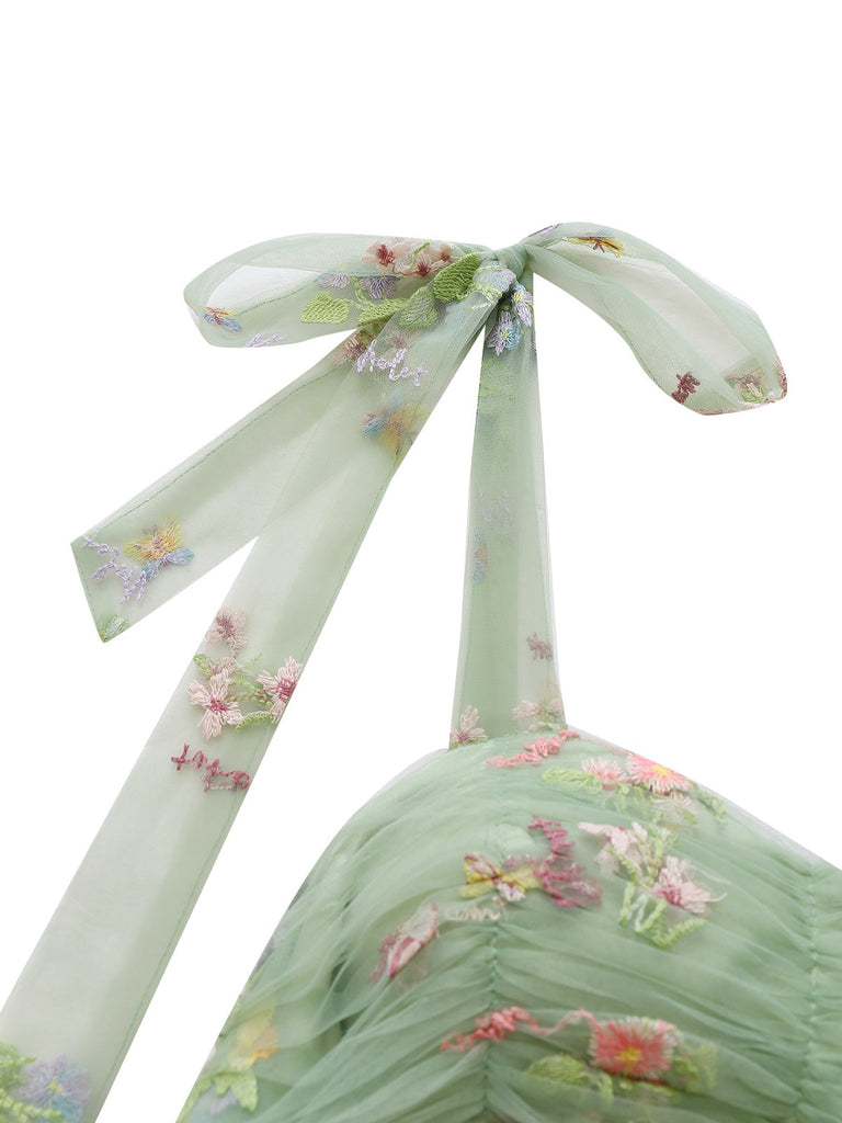 Green 1930s Shoulder Tie Embroidered Floral Mesh Dress - vintage dress, retro fashion, elegant red