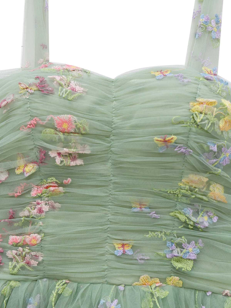 Green 1930s Shoulder Tie Embroidered Floral Mesh Dress - vintage dress, retro fashion, elegant red