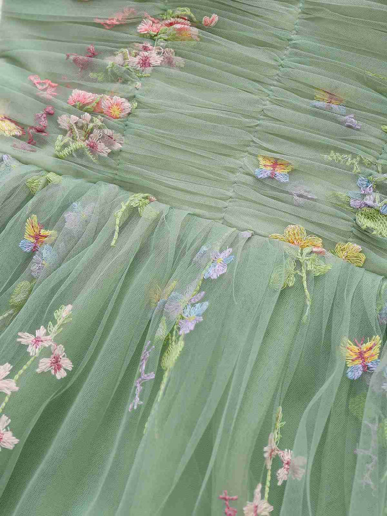 Green 1930s Shoulder Tie Embroidered Floral Mesh Dress | Retro Stage Green 1930s Shoulder Tie Embroidered Floral Mesh Dress | Retro Stage
