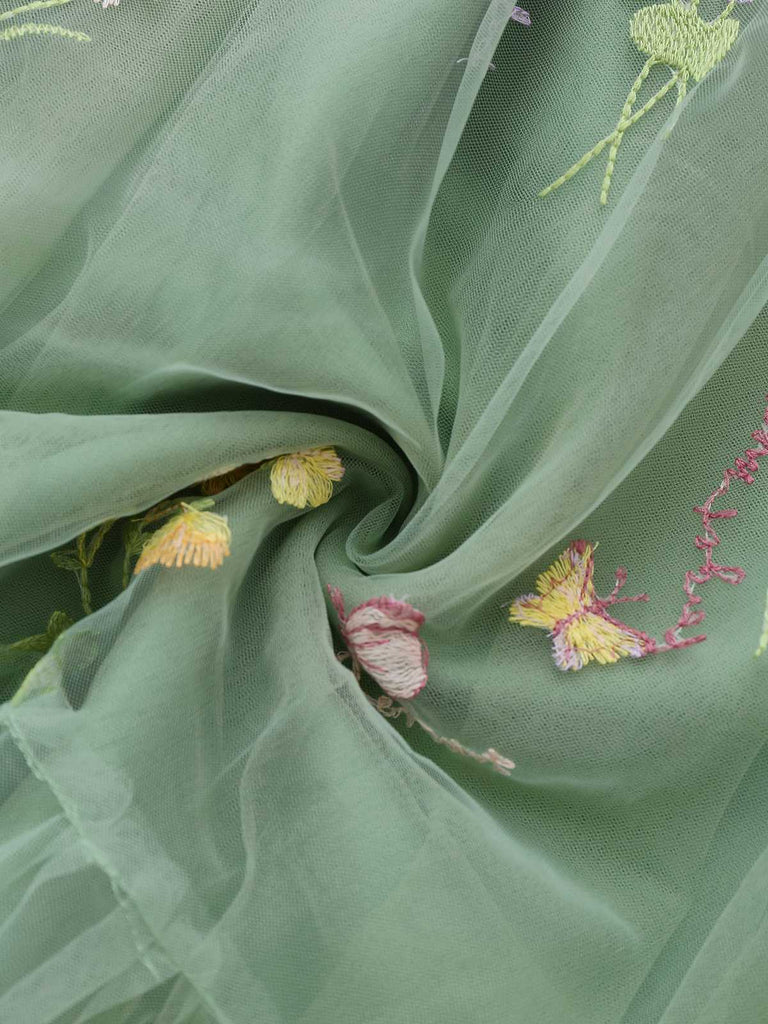 Green 1930s Shoulder Tie Embroidered Floral Mesh Dress - vintage dress, retro fashion, elegant red