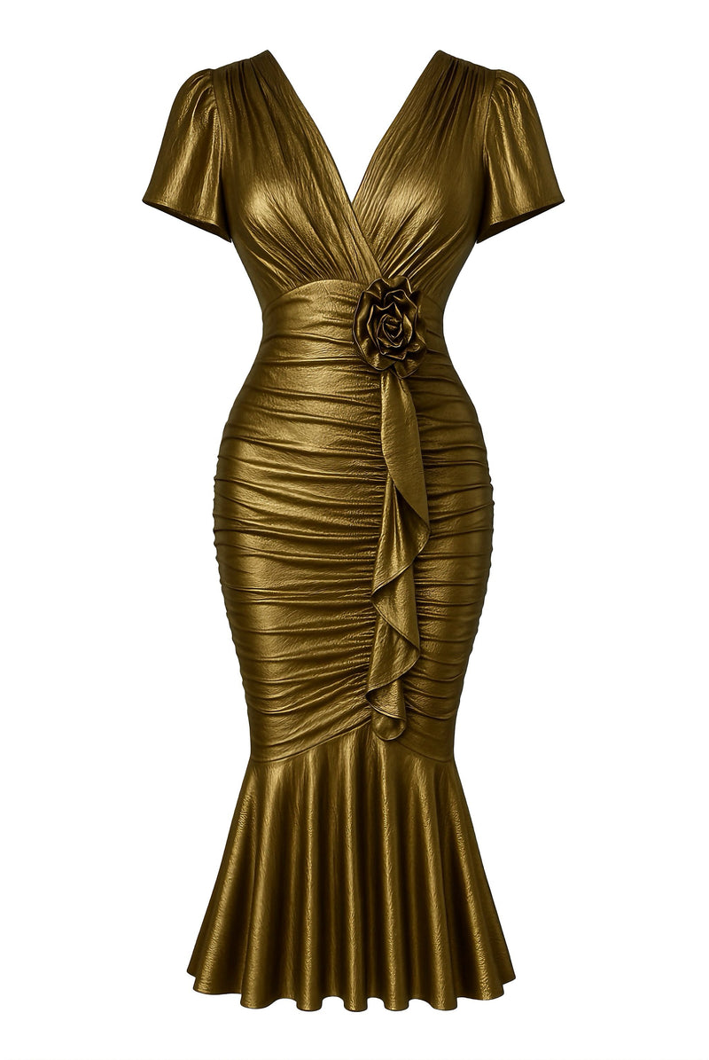 cocktail dress metallic Retro Stage Gold Ruched Mermaid | V-Neck Bodycon 14/L chouyatou Women's Casual Long See plus Color:Light Blue Gingham